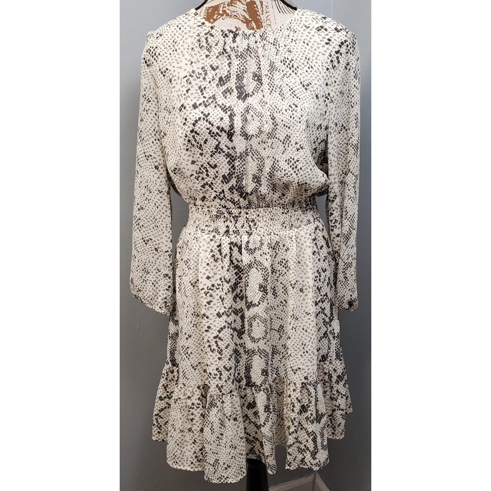 J.Crew Fit & Flare Dress Womens M Multi Snake Print Long Sleeve Smocked Waist